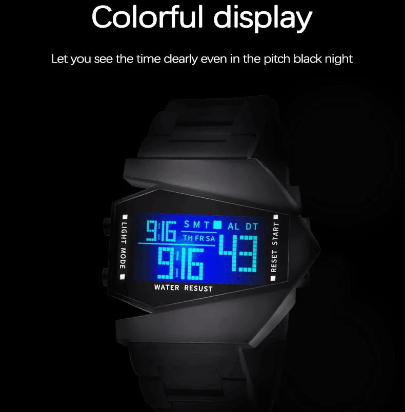 Découvrez une montre au design futuriste qui ne passe pas inaperçue. Avec son cadran géométrique unique et son affichage digital lumineux bleu, elle apporte une touche moderne et audacieuse à votre style.