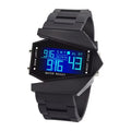 Découvrez une montre au design futuriste qui ne passe pas inaperçue. Avec son cadran géométrique unique et son affichage digital lumineux bleu, elle apporte une touche moderne et audacieuse à votre style.