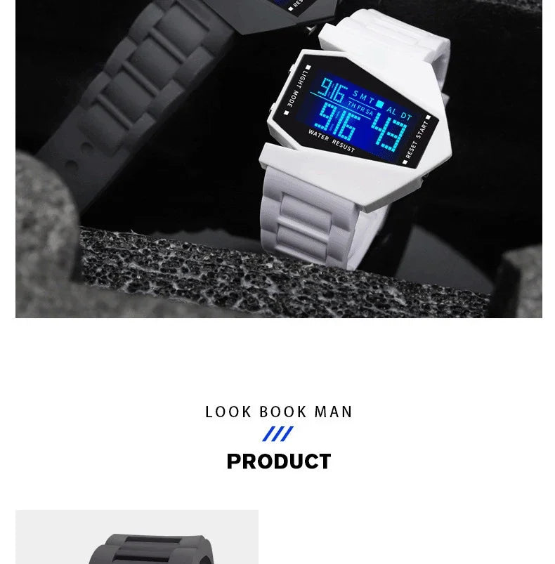 Découvrez une montre au design futuriste qui ne passe pas inaperçue. Avec son cadran géométrique unique et son affichage digital lumineux bleu, elle apporte une touche moderne et audacieuse à votre style.